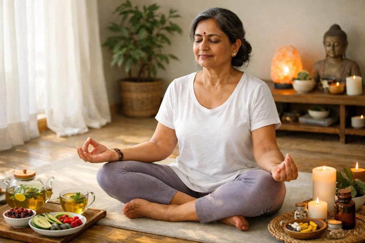 Lifestyle - based menopause treatment without hormones including yoga and healthy diet.