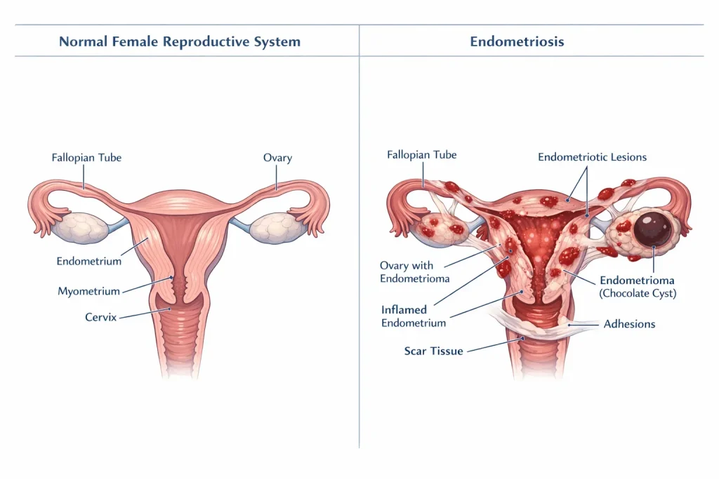 Medical diagram showing types of endometriosis growth on the female reproductive system.