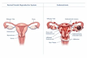 Medical diagram showing types of endometriosis growth on the female reproductive system.
