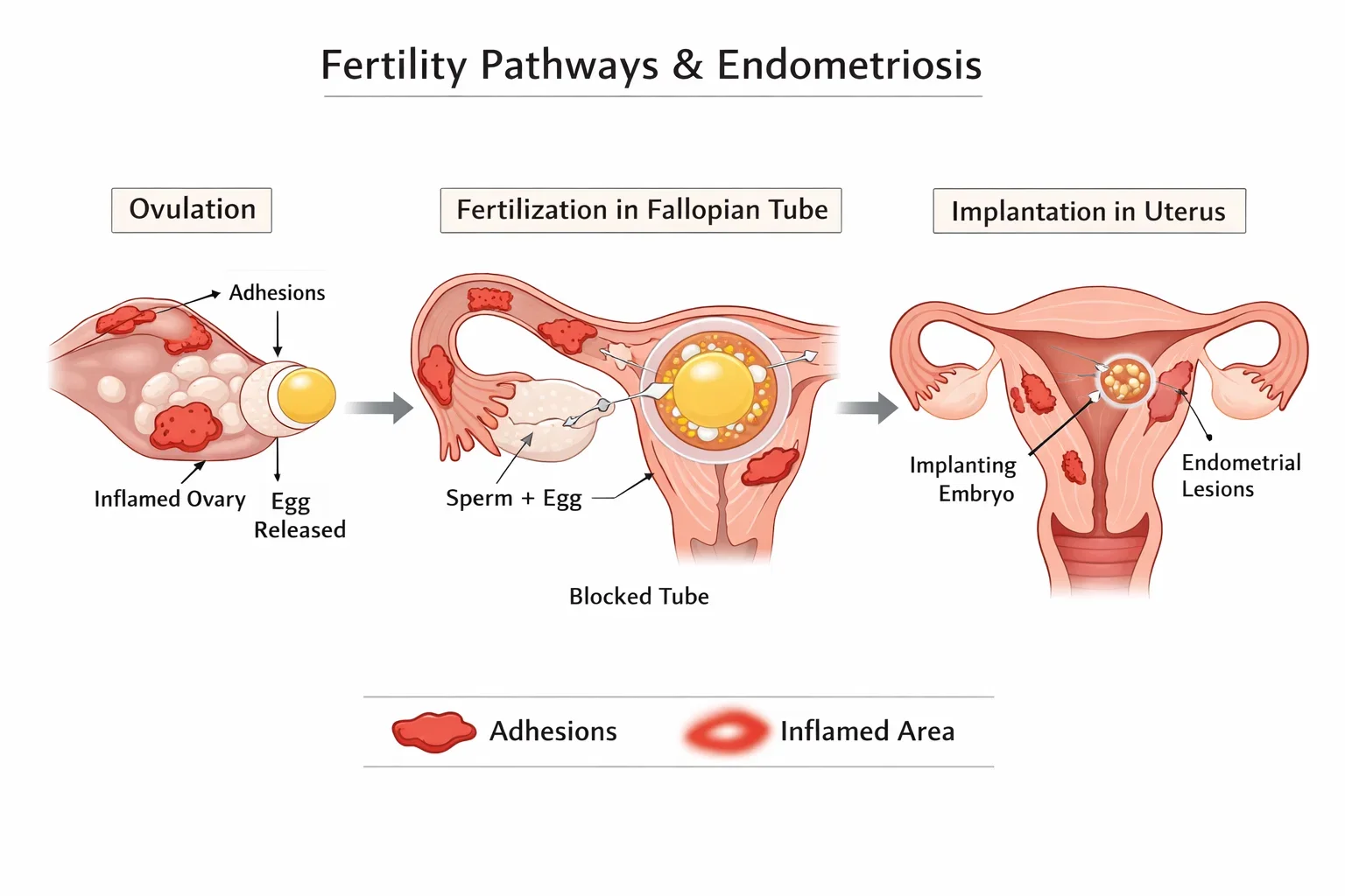 Medical diagram showing how endometriosis can affect ovulation, fertilization, and implantation during pregnancy planning.