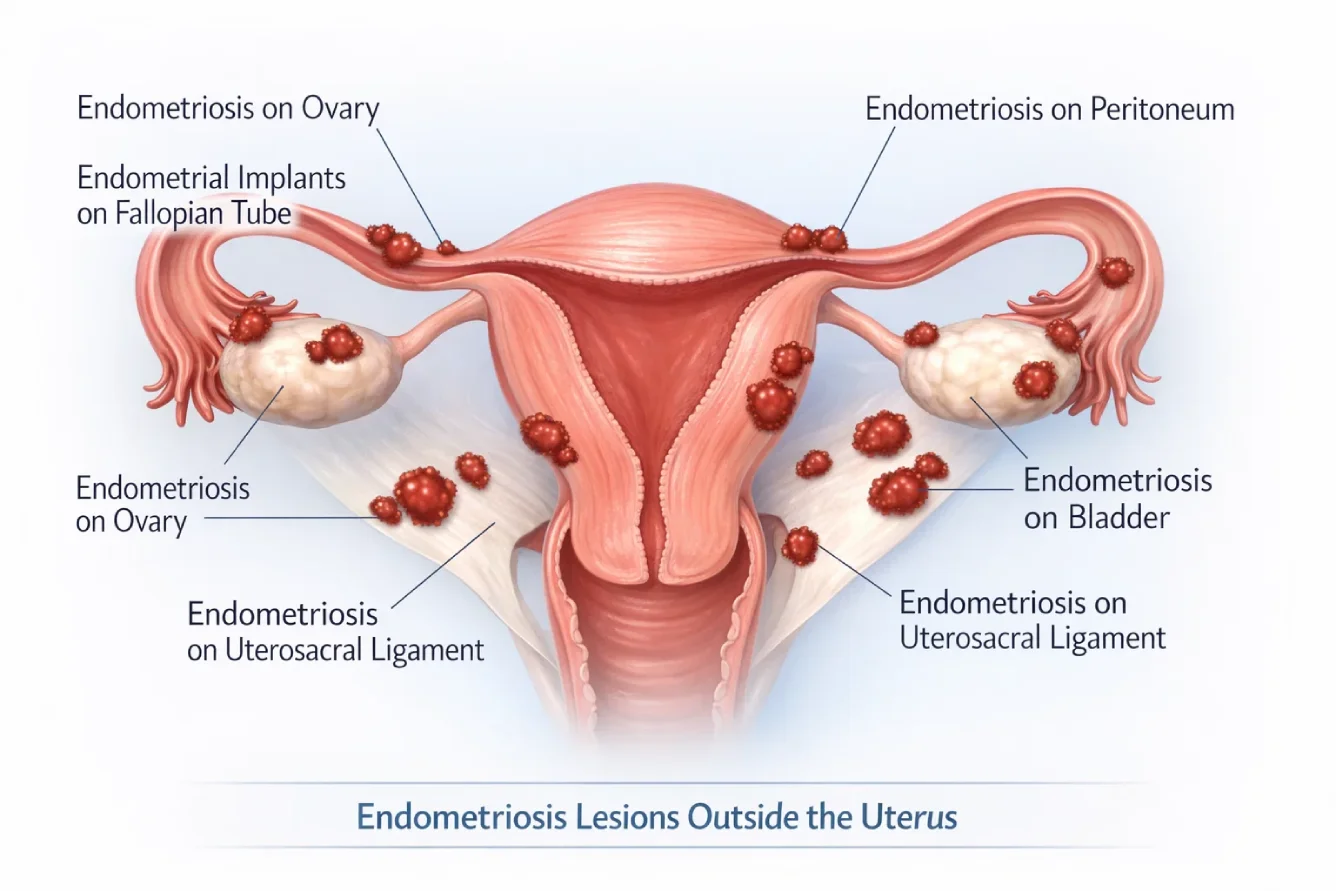 Medical illustration showing endometriosis affecting female reproductive organs.