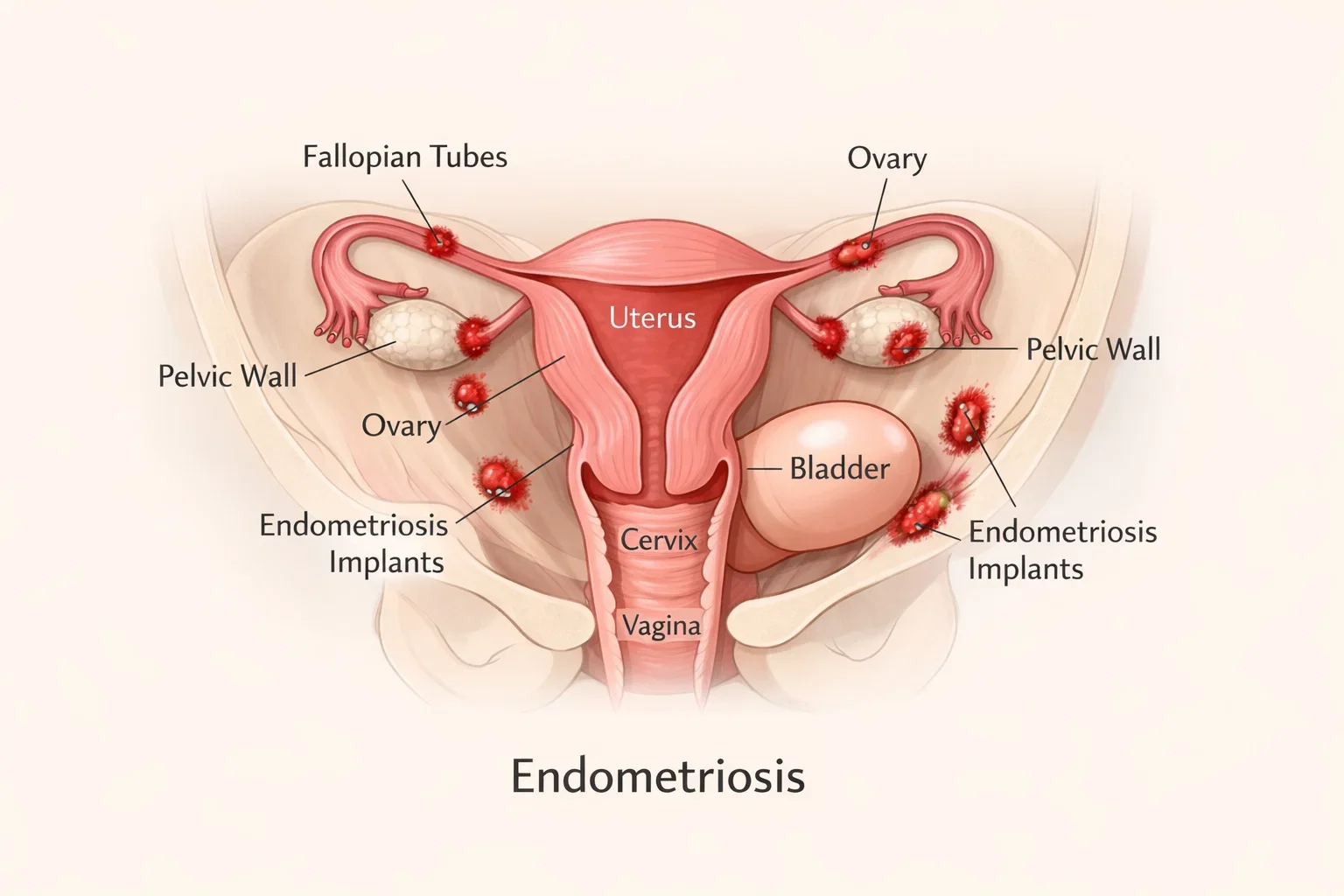 Medical illustration showing how endometriosis affects pelvic organs.
