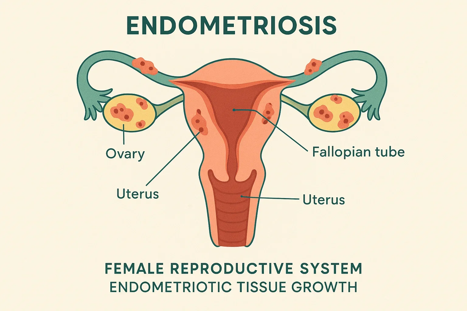 Medical illustration showing uterus and ovaries with highlighted endometriosis lesions for patient education.