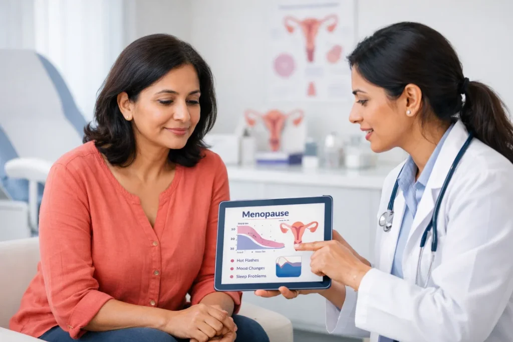 Menopause symptoms consultation with a gynecologist at a women’s hospital in Ahmedabad.
