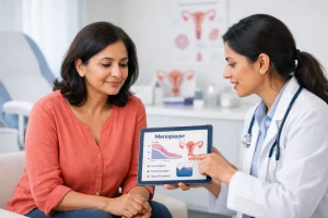 Menopause symptoms consultation with a gynecologist at a women’s hospital in Ahmedabad.