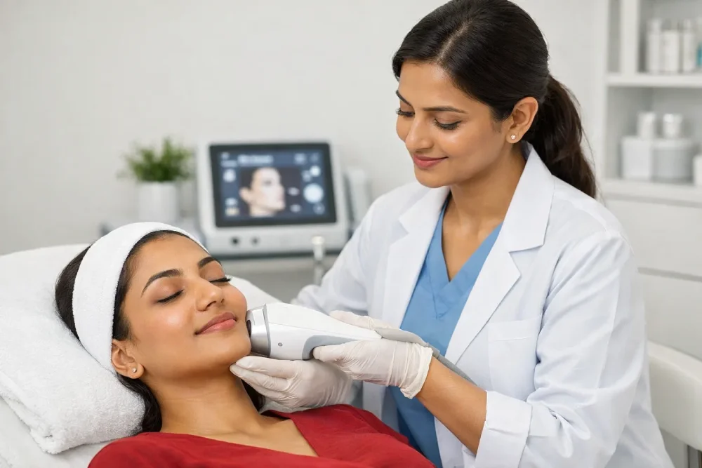 Non-invasive facelift treatment using advanced skin tightening technology in a medical clinic.