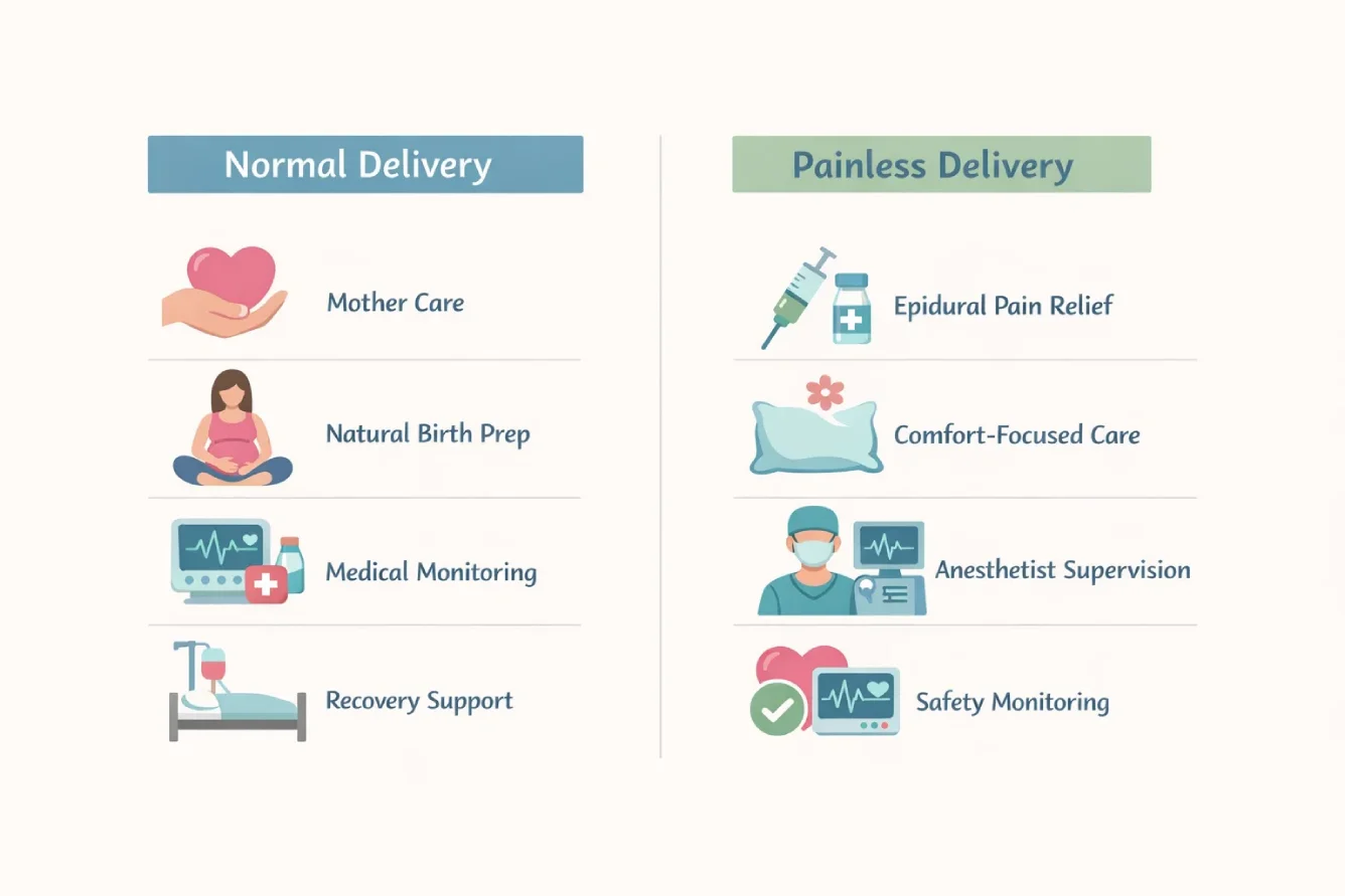 Normal and painless delivery options at a maternity hospital.