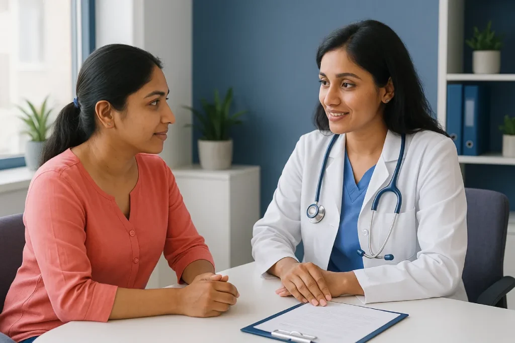 North Indian woman discussing treatment options with a gynecologist in a bright, modern consultation room.