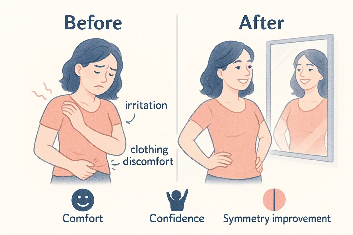 Patient-friendly before and after comparison of labiaplasty showing reduced discomfort and improved confidence post-recovery.