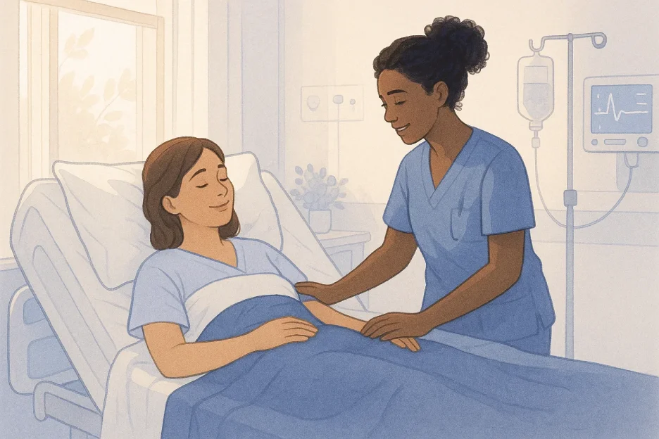 Patient recovering after labiaplasty surgery with medical support in a hospital room.