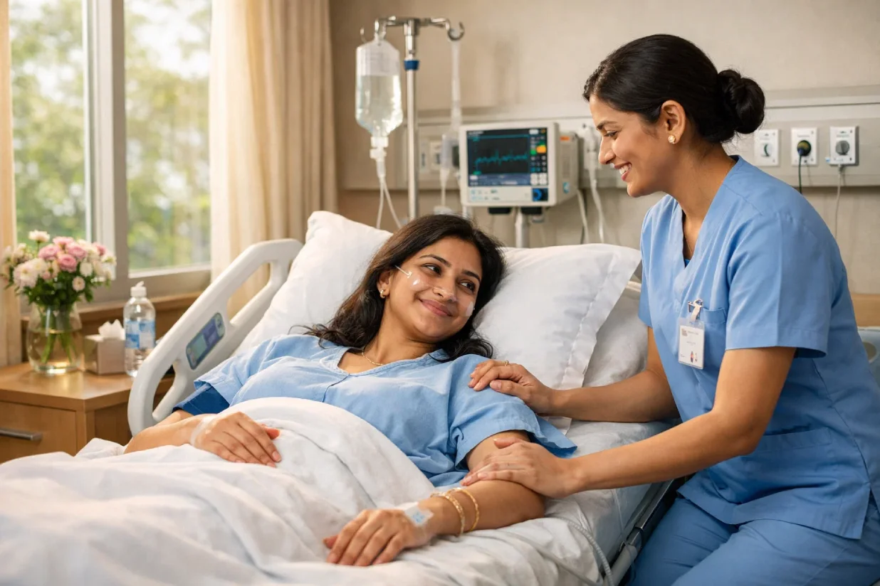 Patient recovering comfortably after breast augmentation surgery in hospital.