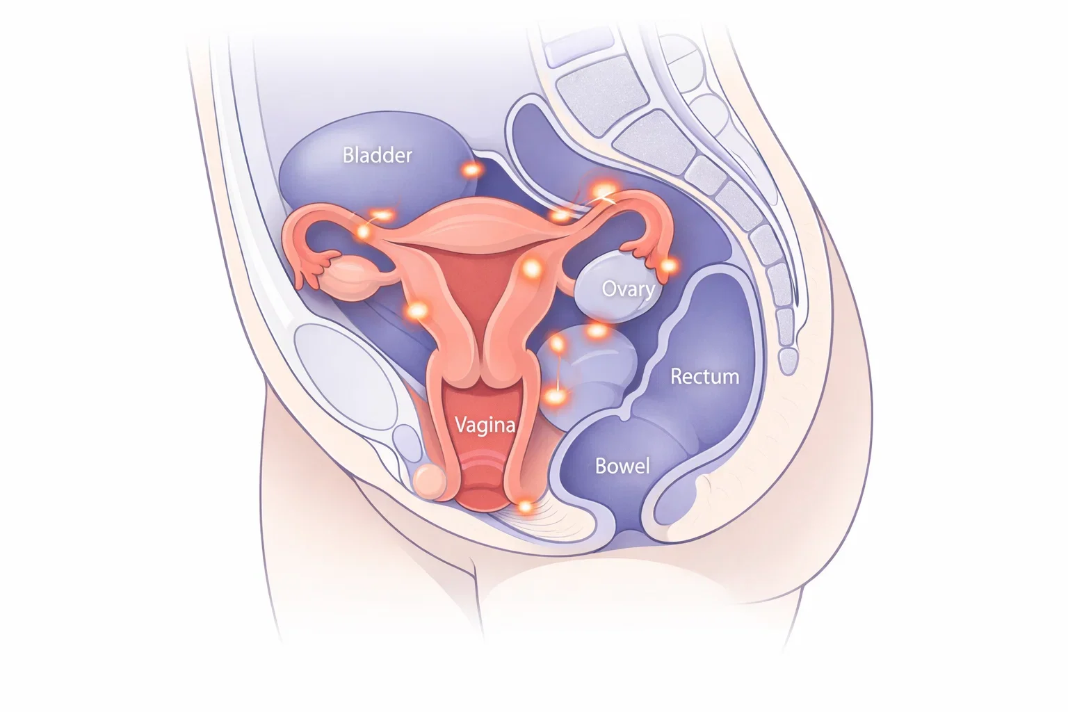Pelvic anatomy illustration showing how endometriosis MRI detects hidden lesions.