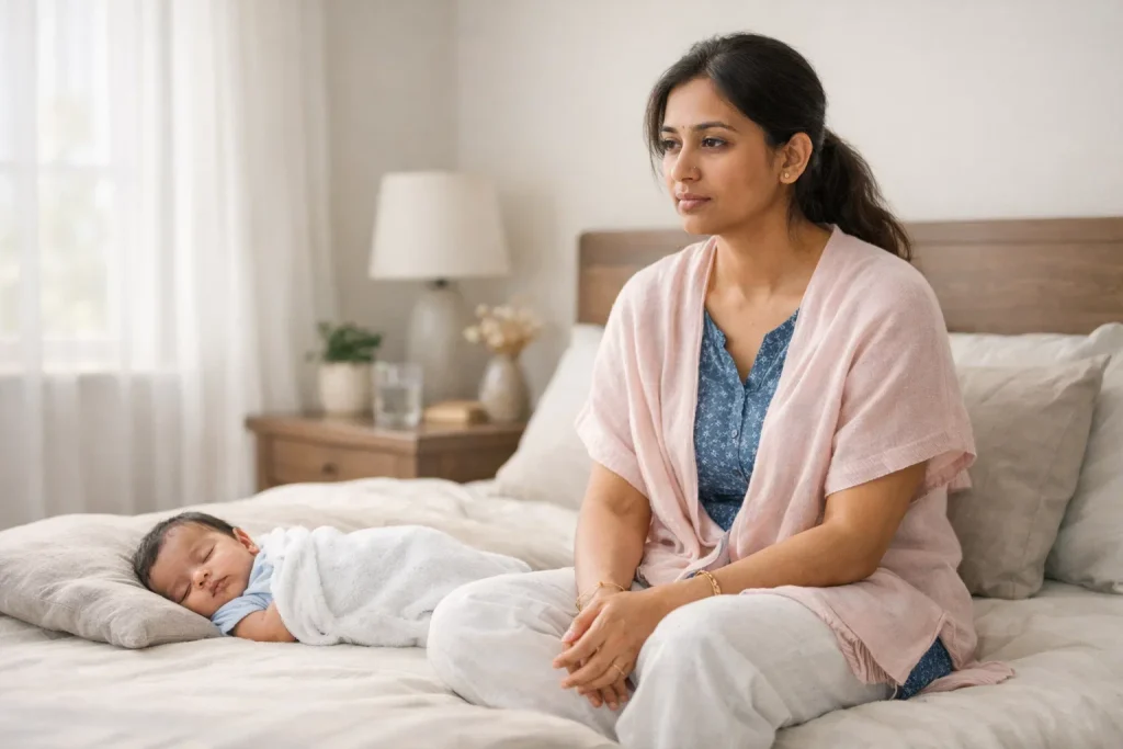 Postpartum depression awareness illustration showing a new mother sitting beside her sleeping baby, appearing emotionally distant and reflective in a calm home setting
