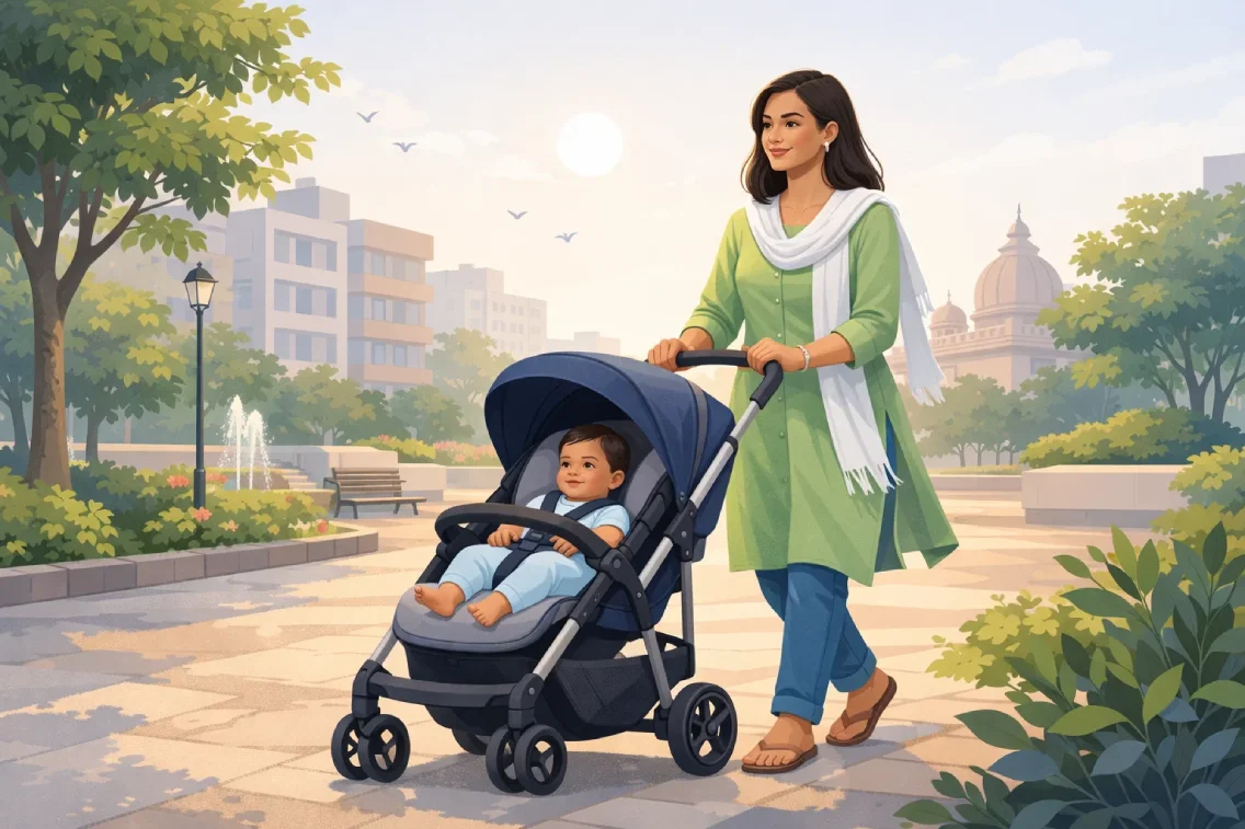 Postpartum depression recovery illustration showing a mother calmly spending time outdoors with her baby, symbolizing healing, support, and emotional well-being