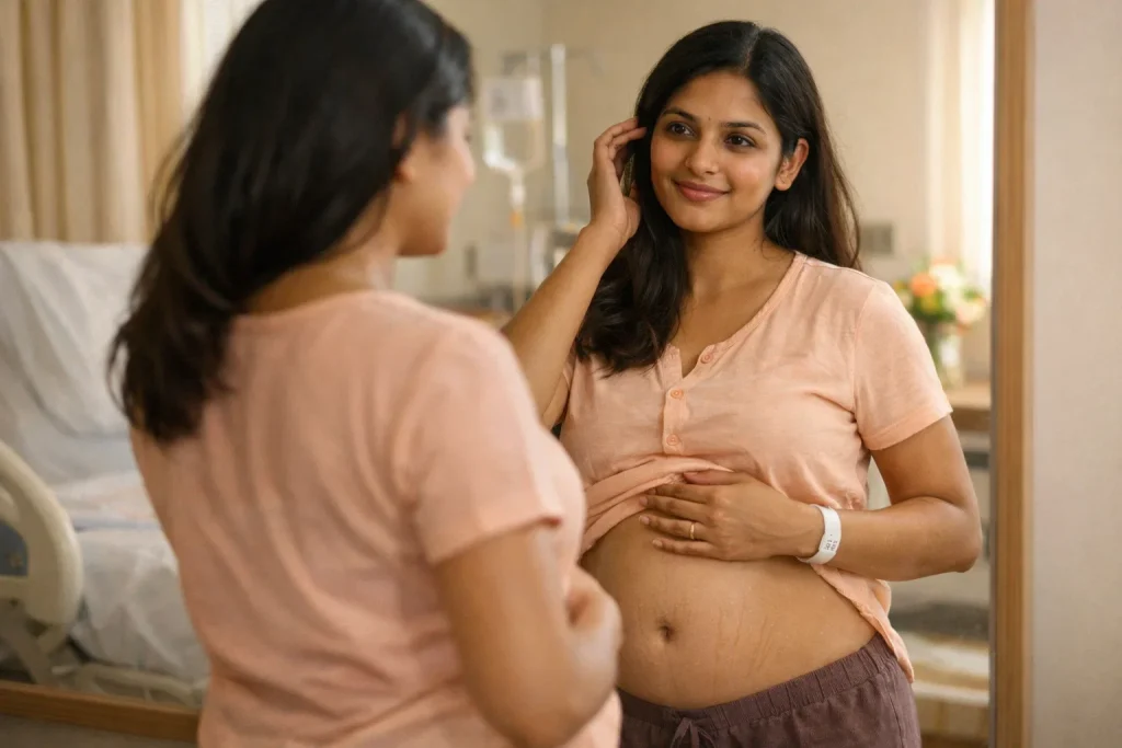 Postpartum hair loss and stretch mark recovery through dermatology care.