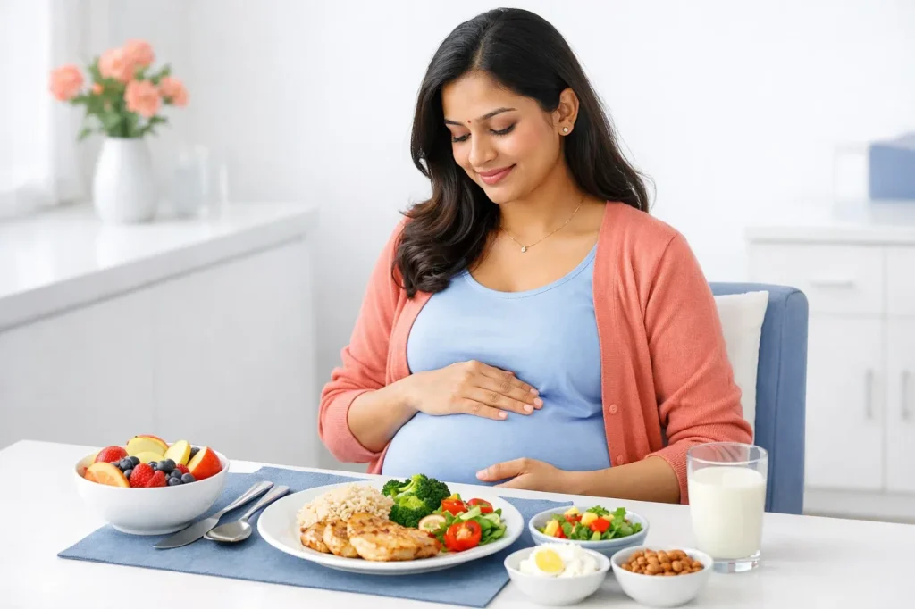 Pregnancy diet featured image showing a balanced meal for a healthy pregnancy.