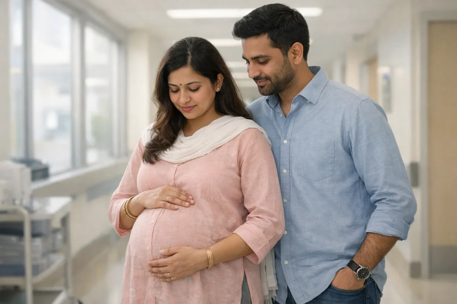 Pregnant woman in hospital setting representing a healthy pregnancy after endometriosis treatment.