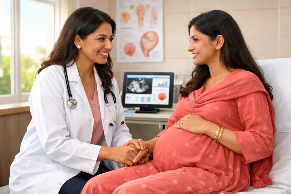 Pregnant woman with endometriosis discussing pregnancy risks with her doctor.