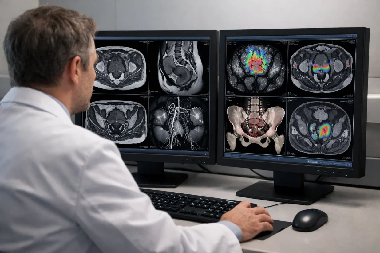 Radiologist analyzing endometriosis MRI protocol and pelvic mapping images.Radiologist analyzing endometriosis MRI protocol and pelvic mapping images.