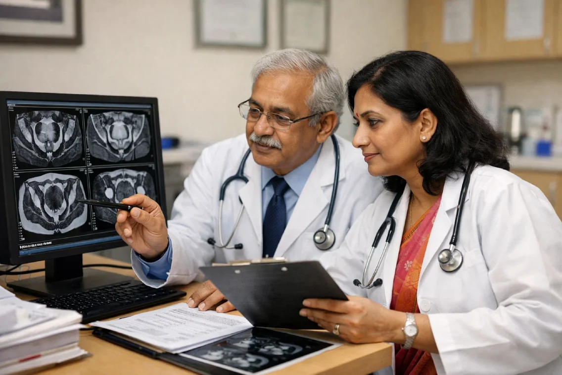 Radiologist and gynecologist collaboratively interpreting MRI results for endometriosis diagnosis.