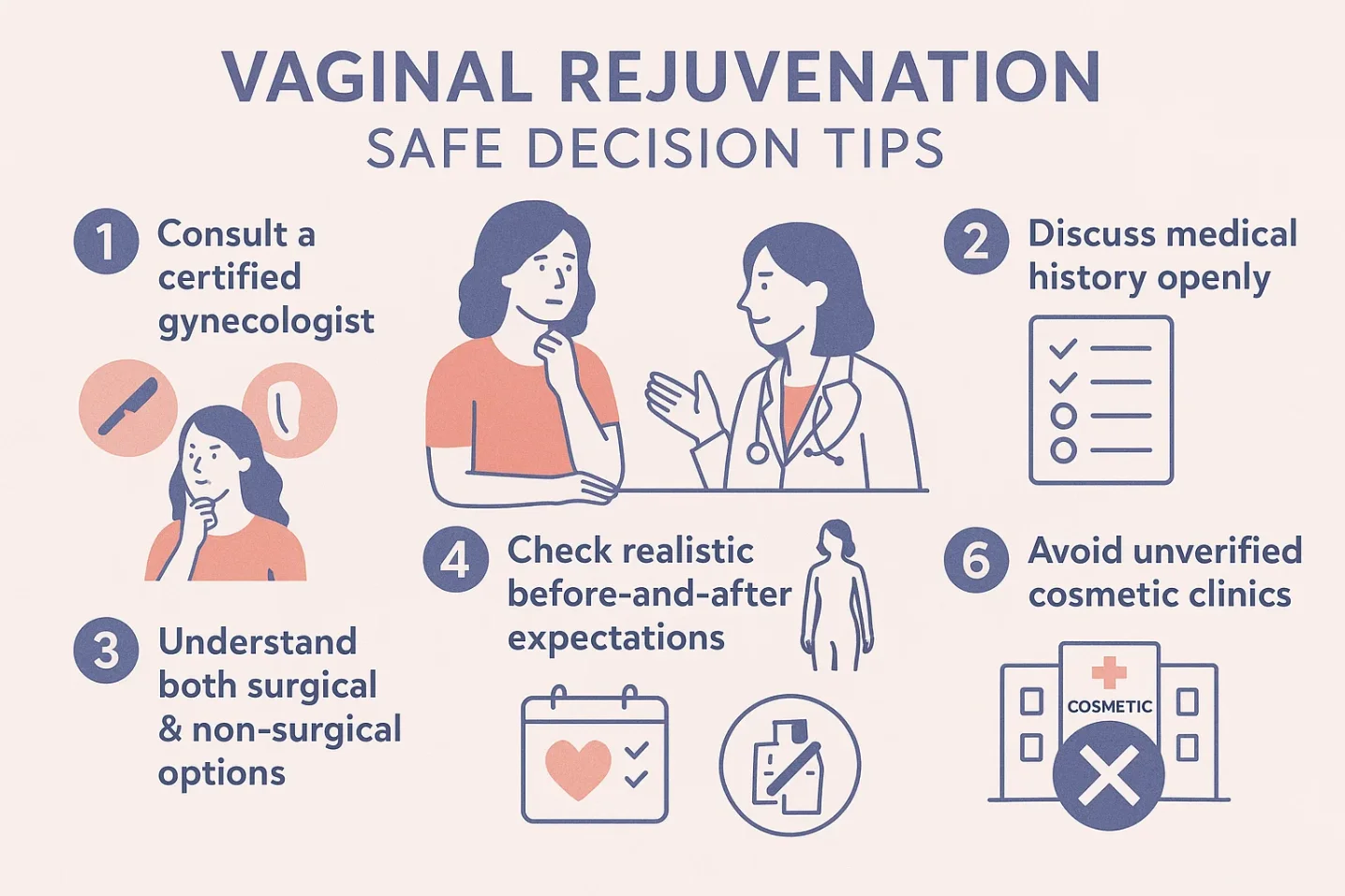 Safety guide infographic for women showing important precautions before and after a vaginal rejuvenation procedure.