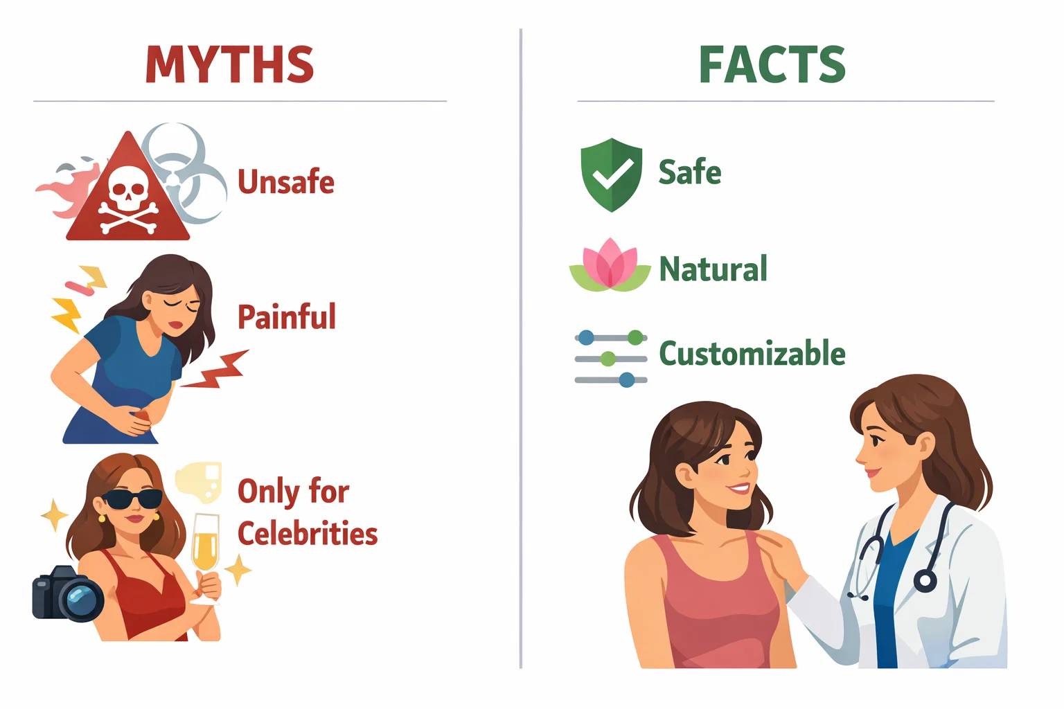 Split-screen graphic comparing myths vs facts of cosmetic gynecology with doctor guidance.