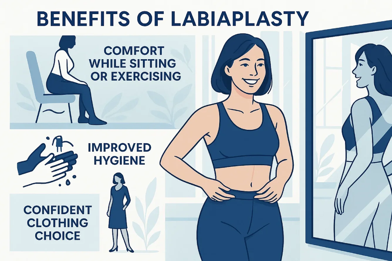 Visual representation of labiaplasty benefits showing comfort, hygiene, and improved confidence in daily life.