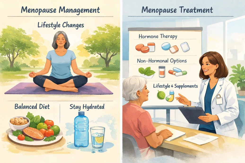 Visual representation of managing menopause symptoms through lifestyle changes and medical treatment.