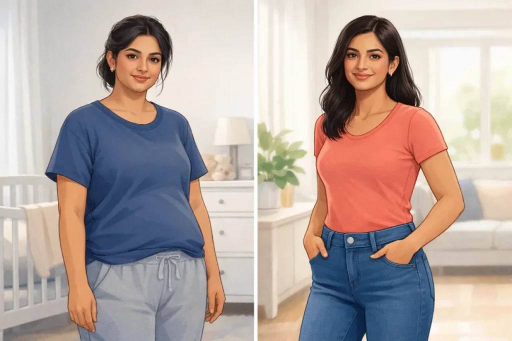 Visual representation of postpartum body recovery before and after lifestyle and medical treatment options.