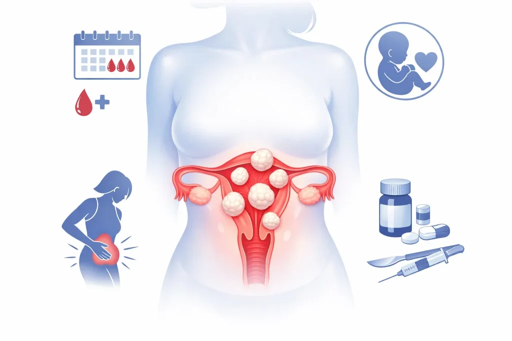 Visual representation of uterine fibroids showing symptoms, risks, and treatment awareness.