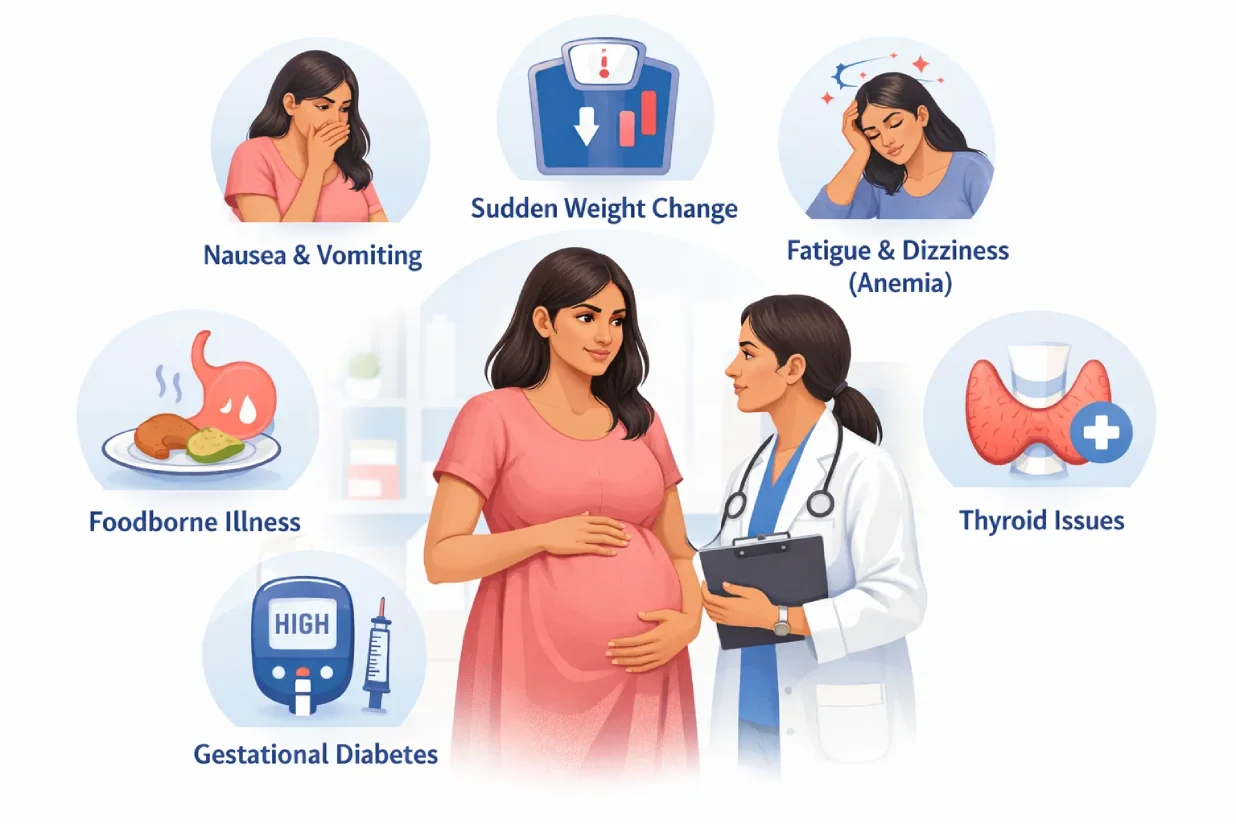 When to seek medical advice about pregnancy diet showing warning signs like severe nausea, anemia, weight changes, and health conditions.