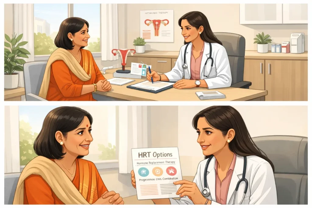 Woman consulting a gynecologist about hormone replacement therapy for menopause management.