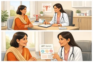 Woman consulting a gynecologist about hormone replacement therapy for menopause management.