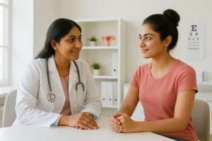 Woman consulting gynecologist about labiaplasty procedure in a hospital setting.