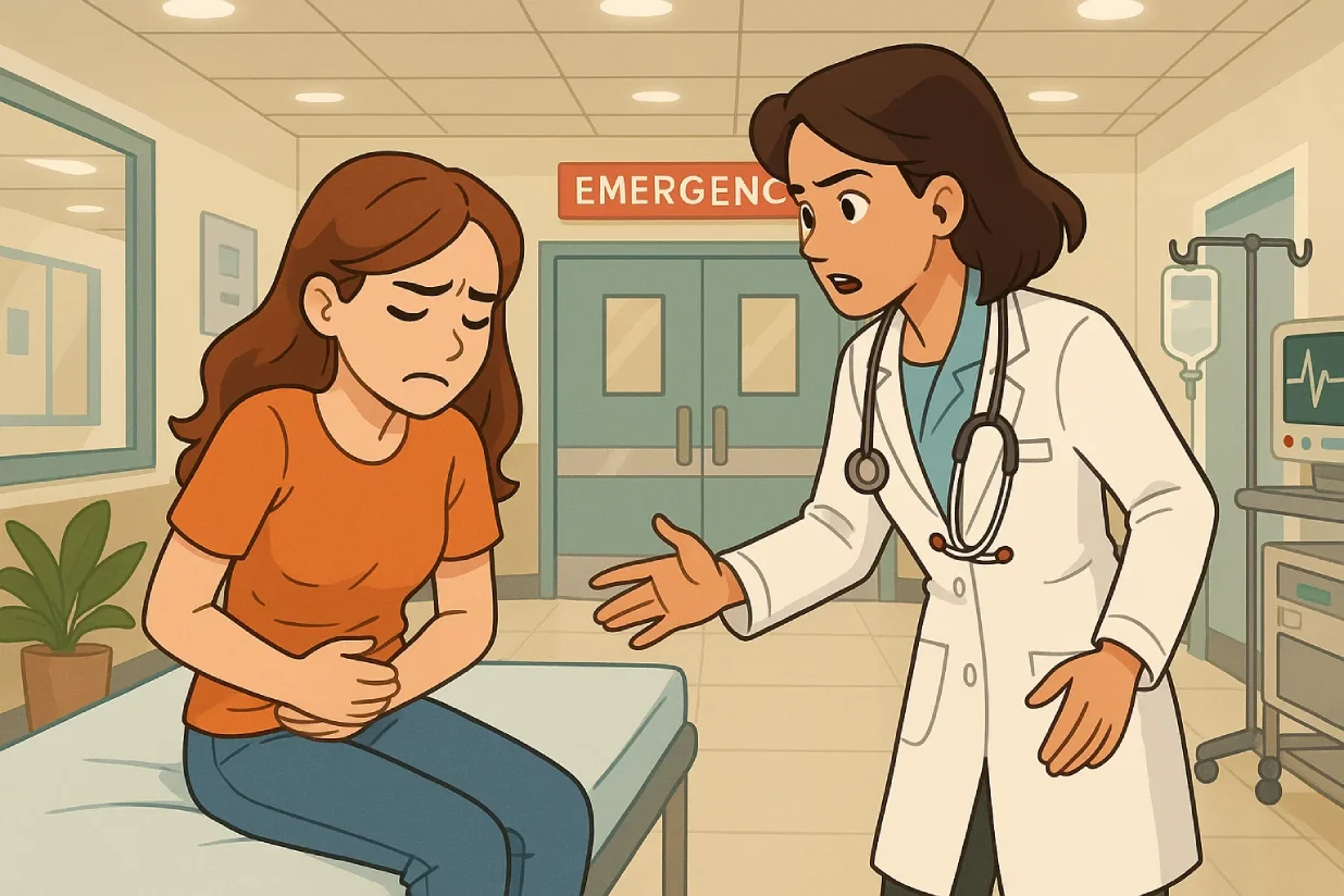 Woman experiencing sudden pelvic pain being attended by a doctor in hospital emergency care.