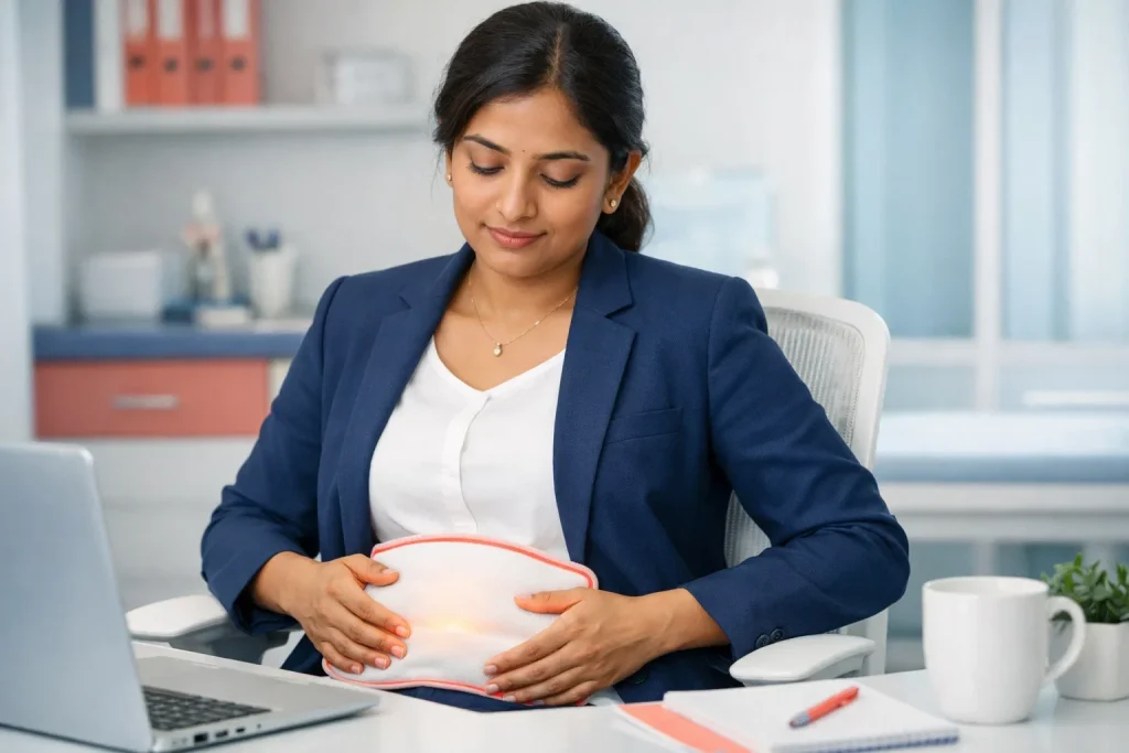 Woman managing endometriosis pain at work with calm and confidence.