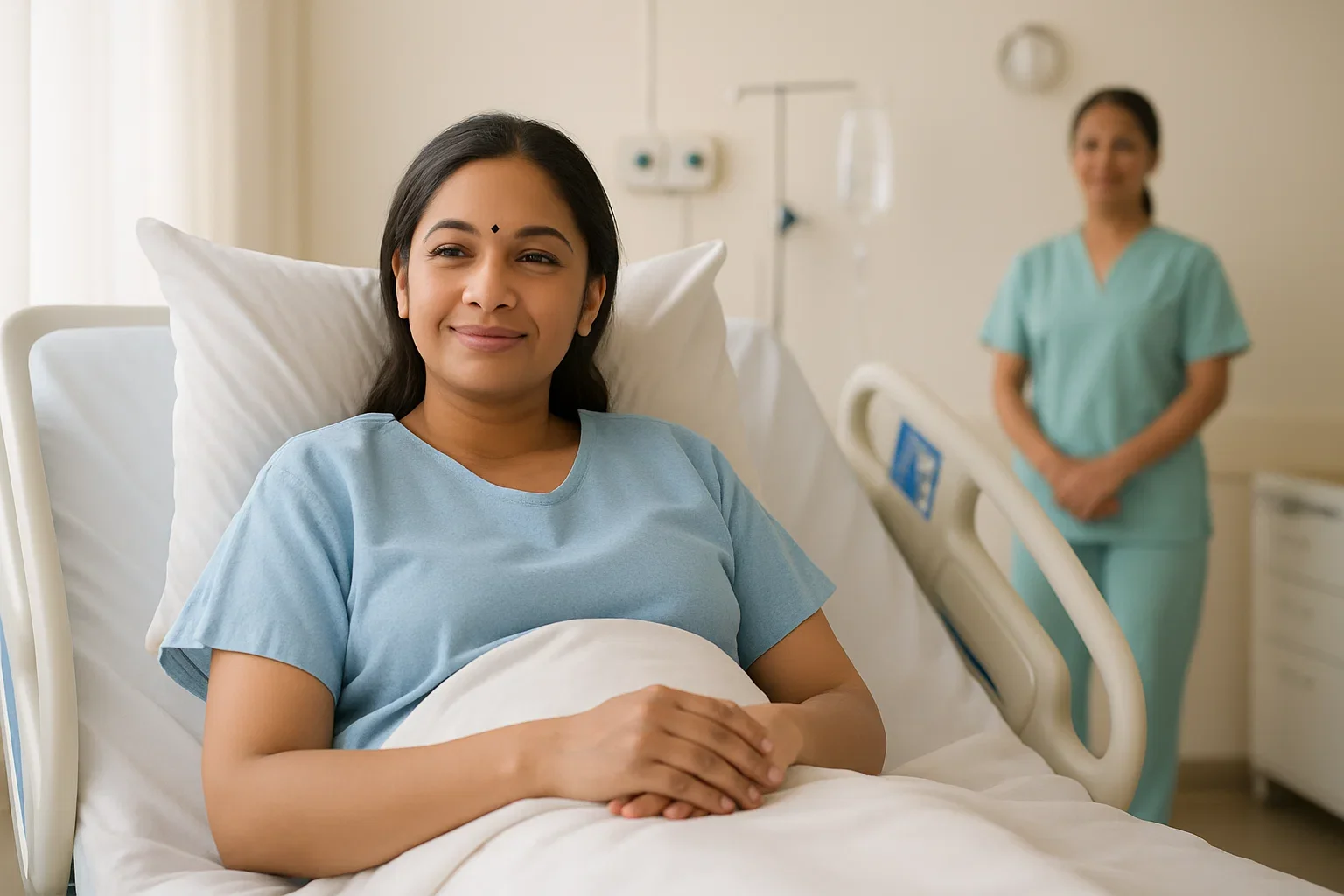 Woman recovering comfortably after endometriosis surgery in a bright, modern hospital room.