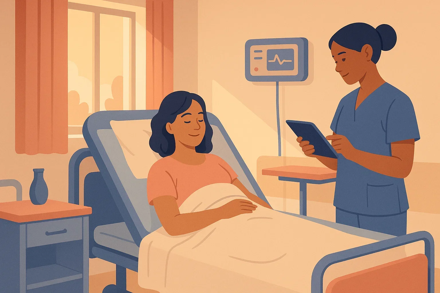 Woman resting comfortably in a hospital recovery room after fibroid treatment, with a nurse monitoring her progress.