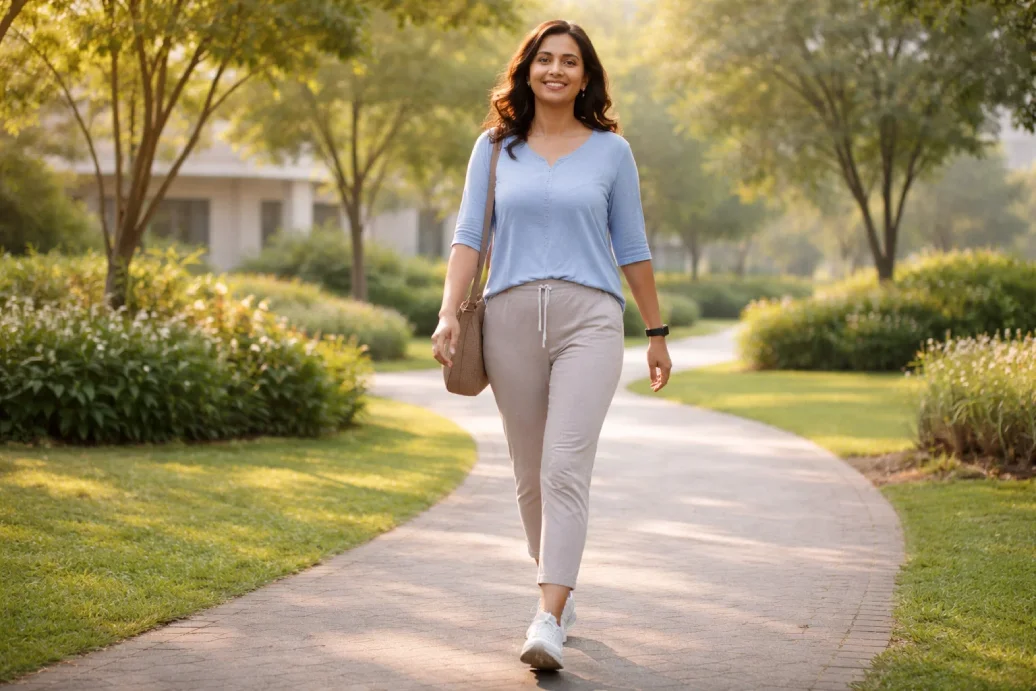 Woman walking comfortably outdoors after complete endometriosis surgery recovery