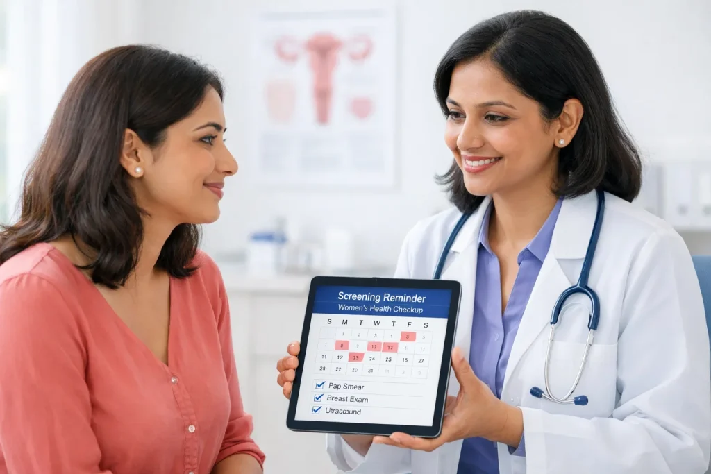 Cervical cancer screening consultation for a woman 30+ with a gynecologist in a modern clinic.