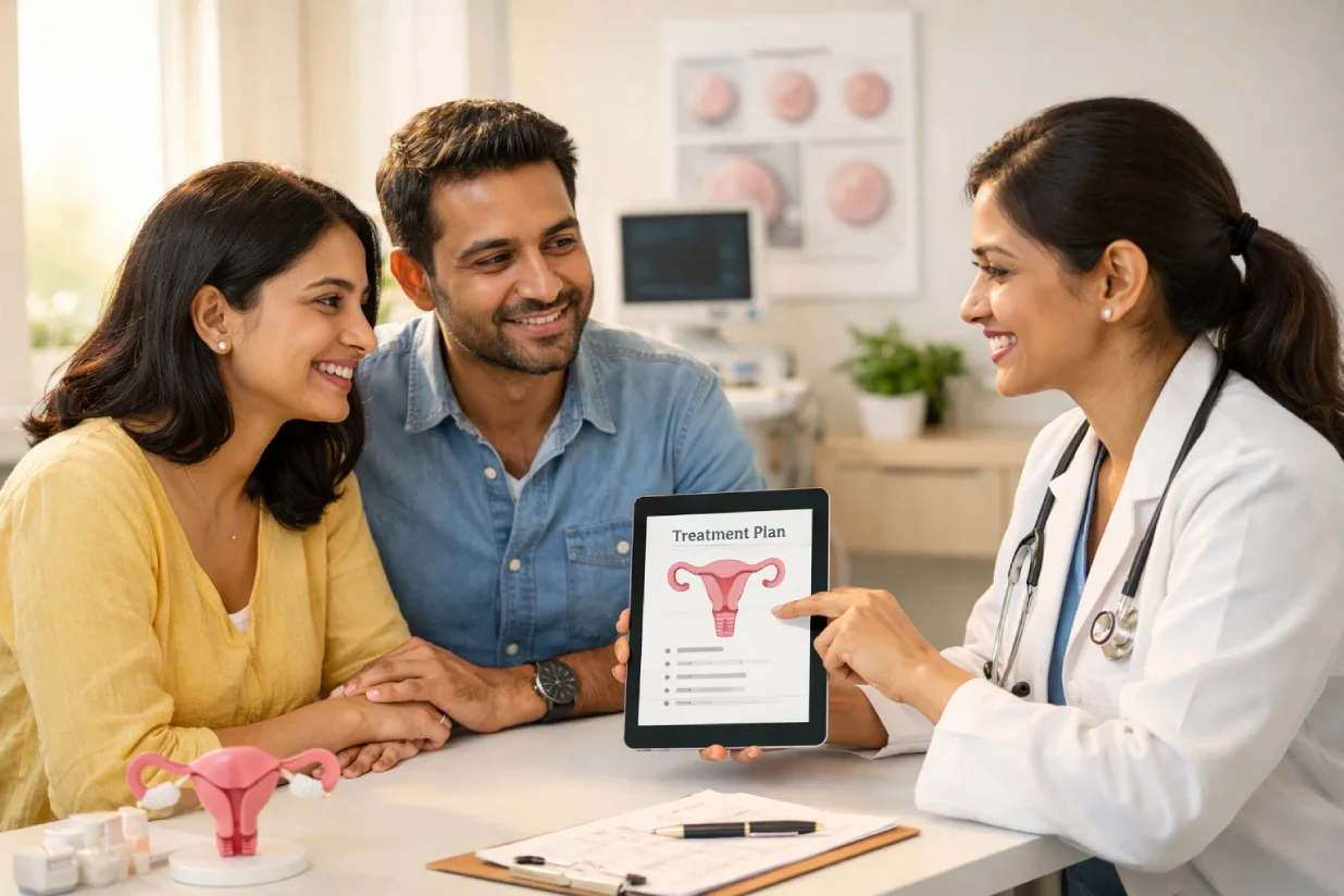 Couple consulting fertility specialist about pregnancy after endometriosis treatment