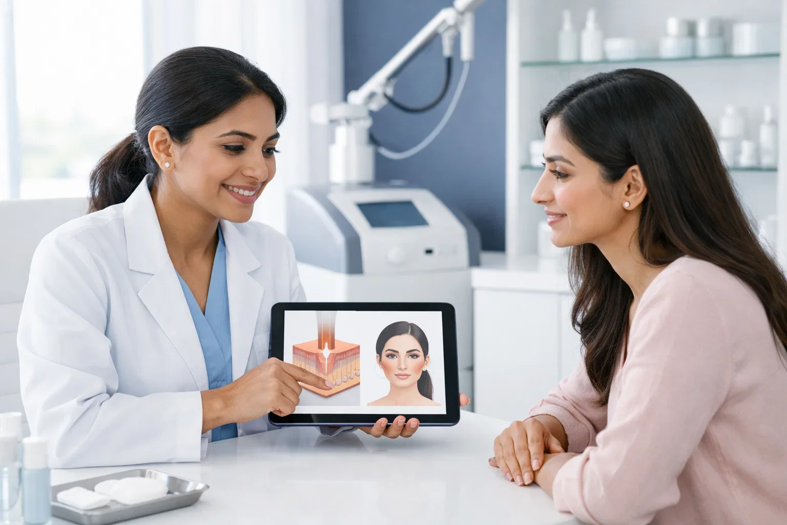 Dermatologist discussing personalized laser treatment plan during a consultation at a hospital aesthetic clinic.
