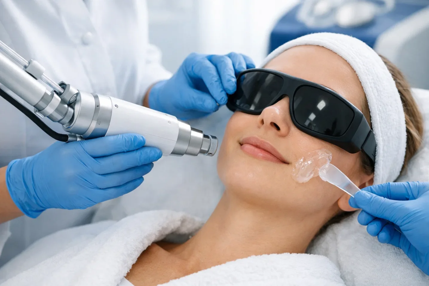 Dermatologist ensuring patient comfort during laser treatment using cooling and safety measures.