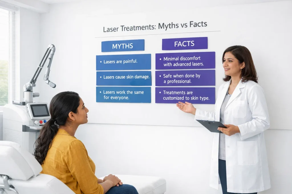 Dermatologist explaining laser treatment myths vs facts in a modern hospital aesthetic clinic.