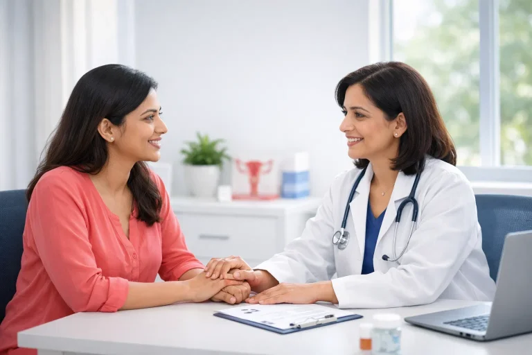 Doctor consulting woman about endometriosis treatment in a modern gynecology clinic