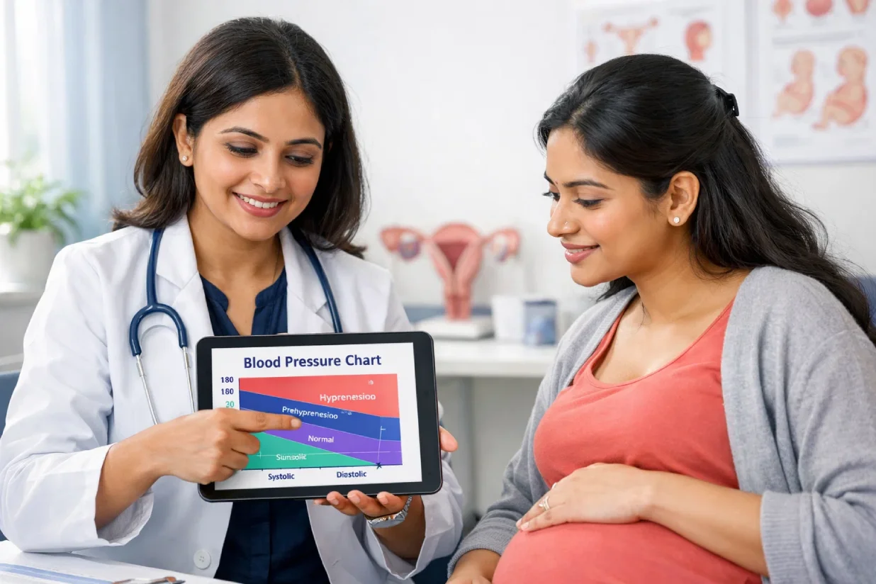 Doctor explaining gestational hypertension and pregnancy induced hypertension to expectant mother
