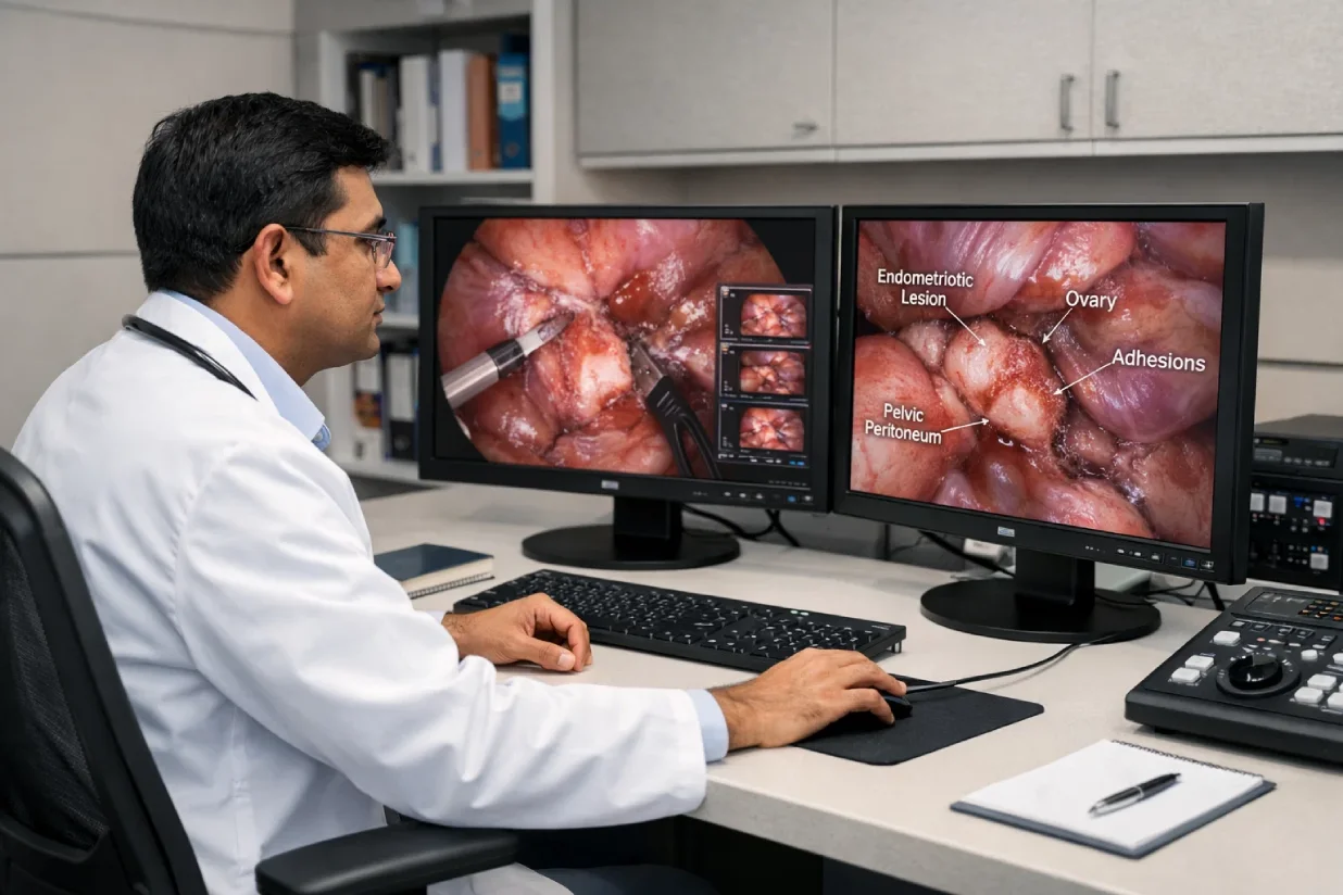 Doctor reviewing endometriosis surgery video for patient education