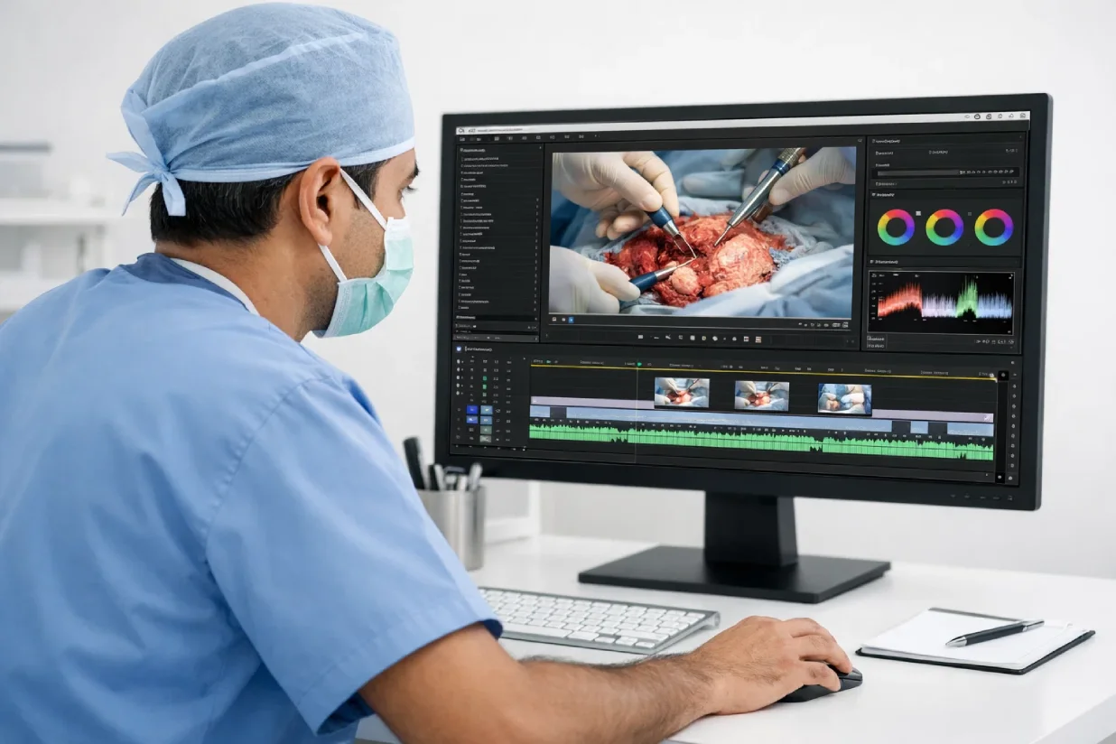 Doctor reviewing surgical footage during medical video editing for educational use.