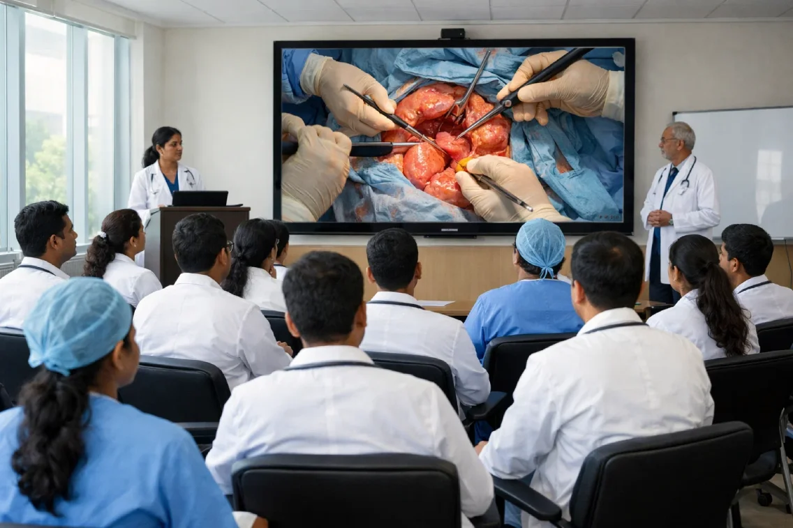 Doctors and medical students learning from an edited surgical training video