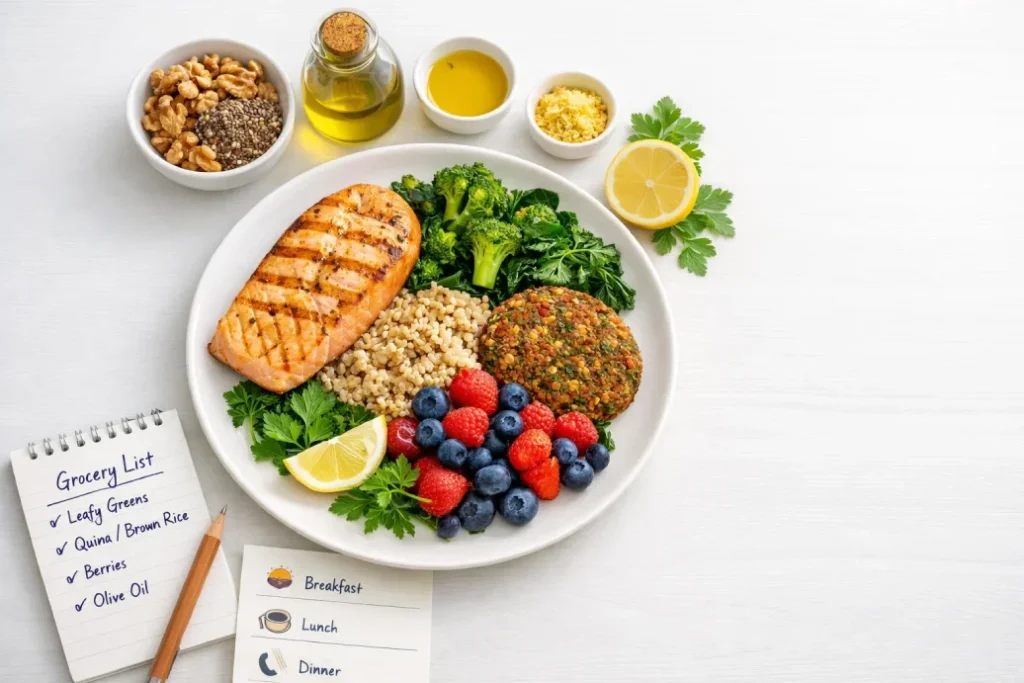 Endometriosis diet image with anti-inflammatory foods like salmon, leafy greens, berries, and olive oil.